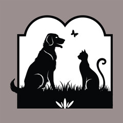 A delightful silhouette illustration of a dog and a cat sitting together, watching a butterfly, framed by a decorative border. 