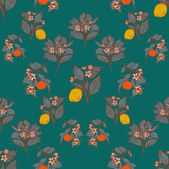 Summer lush fruit garden pattern. Botanical succulent foliage wallpaper. Folk orchard print. Crocket oriental provence illustration. Boho lemons and oranges on emerald green backdrop