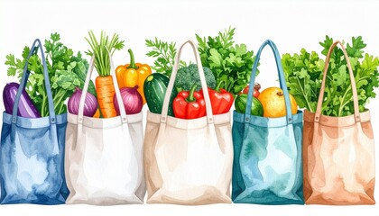 Local food initiative watercolor concept. Bags filled with fresh vegetables and greens arranged neatly.