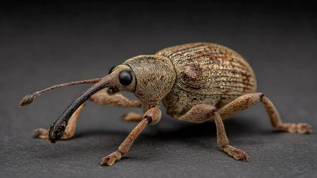 Close-up of a brown weevil insect on a dark surface