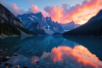Serene mountain lake reflecting a vibrant sunset sky, tranquil waters, majestic peaks, untouched wilderness Perfect for travel, nature, and serenity themes , panoramic, peaceful, outdoors