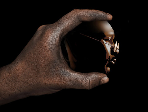 Superiority complex or inferiority complex. A large hand holds a small man's head in his hand as if it is a ball he is about to throw. 