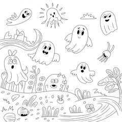 Fototapeta premium Cute and playful underwater world scene with cartoon ghosts and sea creatures coloring page