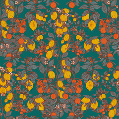 Summer lush fruit garden pattern. Botanical succulent foliage wallpaper. Folk orchard print. Crocket oriental provence illustration. Boho lemons and oranges on emerald green backdrop