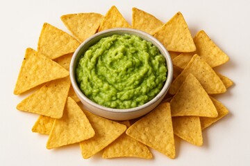 Guacamole in bowl with tortilla chips on white background