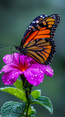 Fototapeta premium Stunning Monarch Butterfly Macro Photography on Purple Flower with Dew Drops for Nature and Conservation Marketing