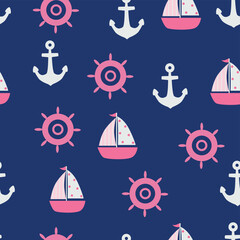 Seamless summer pattern with doat, anchor on blue background. 