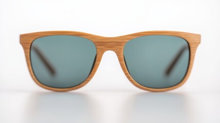 Sustainable wooden sunglasses with green lenses.