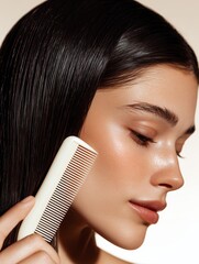 A woman is brushing her hair with a white comb. The comb is held in her hand and she is looking at the camera. Concept of self-care and personal grooming