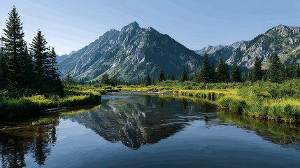 Fototapeta premium Mountain reflection in clear river surrounded by trees and grass under a bright blue sky day