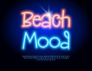 Obraz premium Vector Glowing banner logo Beach Mood. Blue Neon Font. Led Light Alphabet Letters and Numbers set.