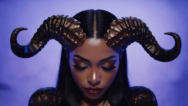 Dark fantasy portrait of woman wearing sculpted ram horns and gothic makeup against purple backdrop, mystical demon concept
