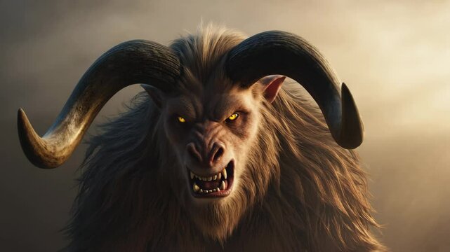Ferocious CGI minotaur roaring with massive curved horns in misty ancient arena, mythological creature battle scene