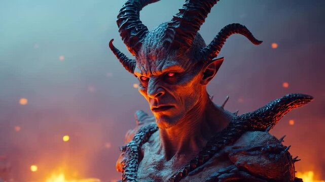 Fiery demon lord with cracked red skin and glowing orange eyes rising from hellish flames, epic infernal creature VFX