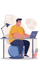 Man smiles while typing on a laptop, seated on a blue exercise ball at a modern home office