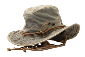 PNG Worn beige safari hat with chin strap on black background