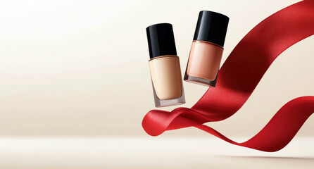 Blush, makeup brush, and foundation are arranged on a beige surface with a red ribbon, creating a festive scene for makeup and beauty themes