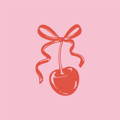 Hand drawn linocut cherry with cute ribbon bow. Coquette doodle drawing in dolce vita style. Minimalist art aesthetic girly vector illustration. Ballet core whimsical design element