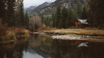Obraz premium A river flowing by a cabin in the woods with mountains in the background on an overcast day