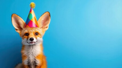 Happy fox celebrating a birthday in a colorful party hat against a blue backdrop