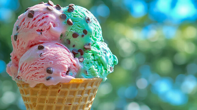 Delicious double scoop strawberry and mint ice cream cone perfect for summer dessert photography and food marketing campaigns