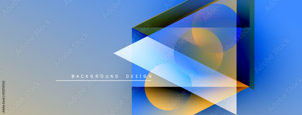 Poster abstract geometric shapes overlap. blue, orange hues dominate design. gradient background creates de