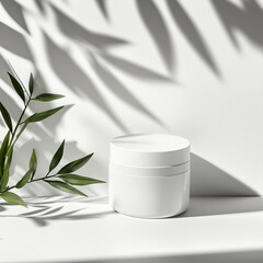 Minimalist skincare jar mockup with green leaves