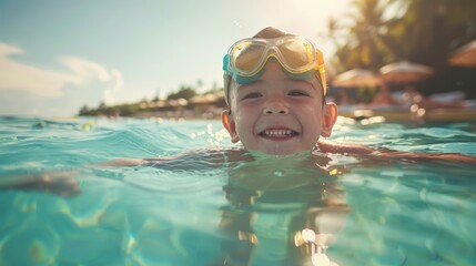 Happy boy enjoys swimming lessons in a bright blue pool with supportive parent on a sunny day
