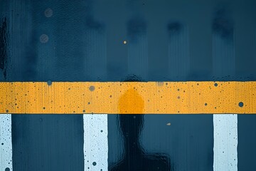 Wet pavement with yellow and white crosswalk lines. A shadow of a person appears on the raindrop-speckled surface, creating a reflective, moody scene