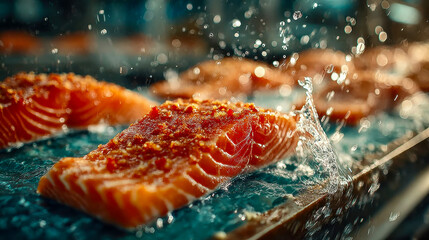 Close-up of raw salmon fillets garnished with fresh dill and peppercorns on a metal grill in a processing facility
