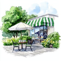 Obraz premium Charming Watercolor Cafe with Outdoor Seating and Lush Greenery
