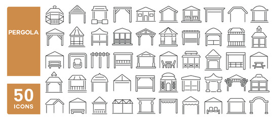 Set of 50 line icons related to pergola, canopy, gazebo, seating, patio, trellis, shelter, arbor, Editable stroke. Vector illustration