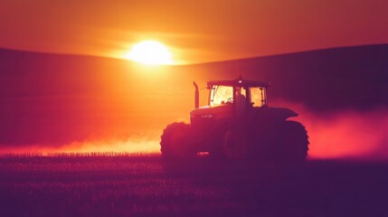 Fototapeta premium Tractor working in field during sunset creating vibrant landscape views