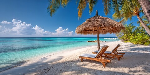 Chairs And Umbrella In Tropical Beach - Seascape Banner, 32k Resolution