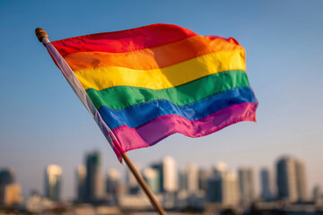 A vibrant rainbow LGBTQ+ Pride flag waves majestically against a backdrop of a modern cityscape, symbolizing diversity, equality, and the ongoing fight for human rights.