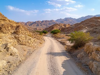 Serene dirt road winding through desert mountains