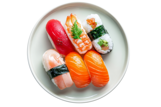 Assorted nigiri and sushi rolls served on round white plate from top view isolated on transparent background