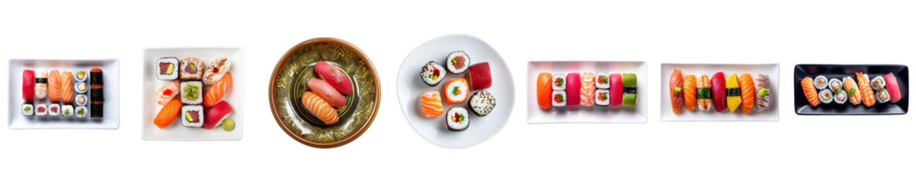 Set of assorted sushi plates with nigiri, maki, and sashimi from top view isolated on transparent background