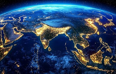 A captivating world map highlights city lights across Asia.