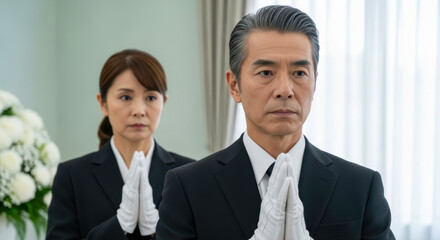 白手袋で合掌する真摯な表情の葬儀スタッフ