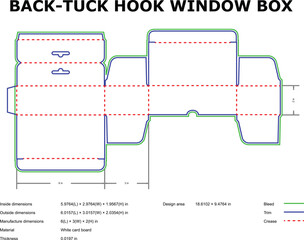Detailed blueprint of a back tuck hook window box design with dimensions and cutting guides