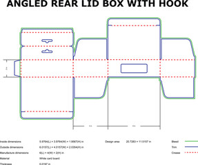 Angled rear lid box with hook layout blueprint schematic design and dimensions for packaging