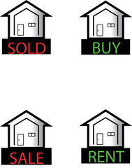 Real estate icons with house symbols and text sold, buy, sale, and rent in black white design
