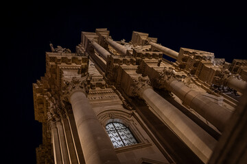 Facade of Syracuse Cathedral, Sicily, at night