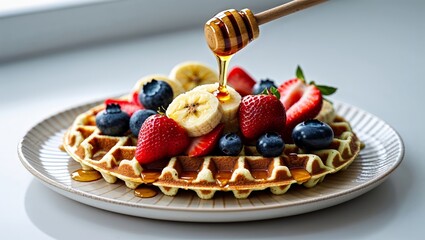 Waffles with syrup drizzled on top, garnished with fresh berries