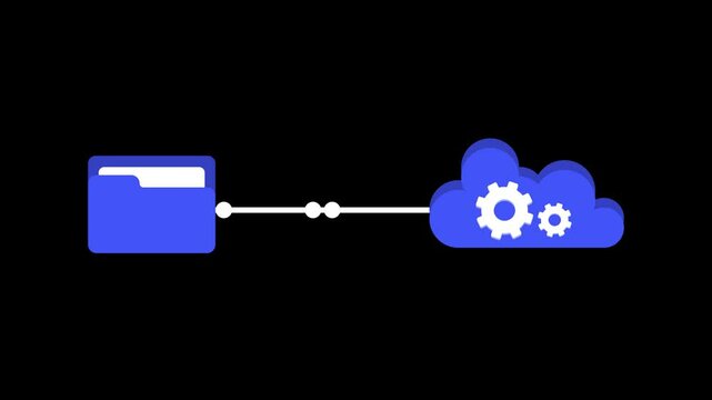 Animated Cloud File Transfer with Gear Icons, a digital folder transferring files to cloud storage, automation and data synchronization.