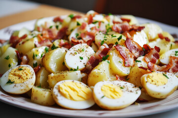 A vibrant plate of Kartoffelsalat featuring tender potatoes, crispy bacon, and sliced boiled eggs garnished with fresh herbs, perfect for a festive gathering