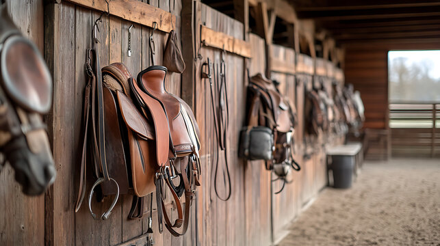 Row of saddles and bridles hanging on wooden walls in a stable