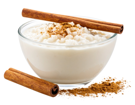 Overfilled Glass Bowl of Rice Pudding with Cinnamon Stick Leaning on Rim, Spillage Detail, Isolated on Transparent Background