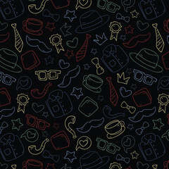 Seamless pattern with tie, hat, mustache and glasses. Modern background for Father's Day.